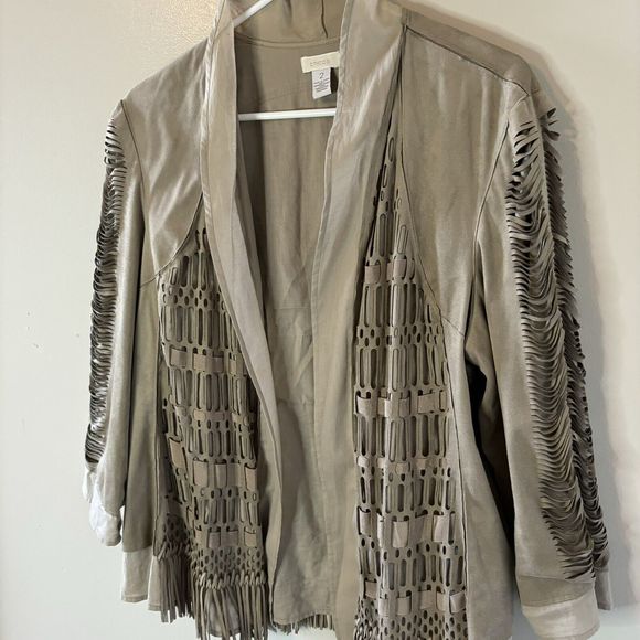 Chico’s Brown Tan Faux Suede Open Front Fringe Jacket Boho Western Sz 2 L… - Picture 2 of 8